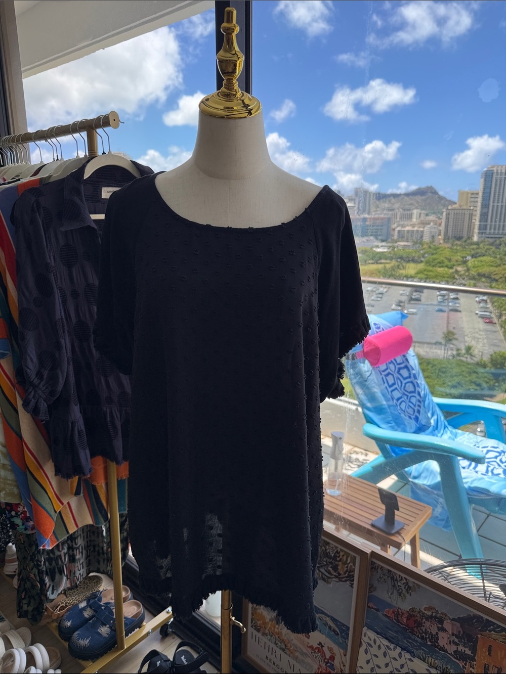 Umgee Black Short Sleeve Scoop Neck Dot-Texture Top
